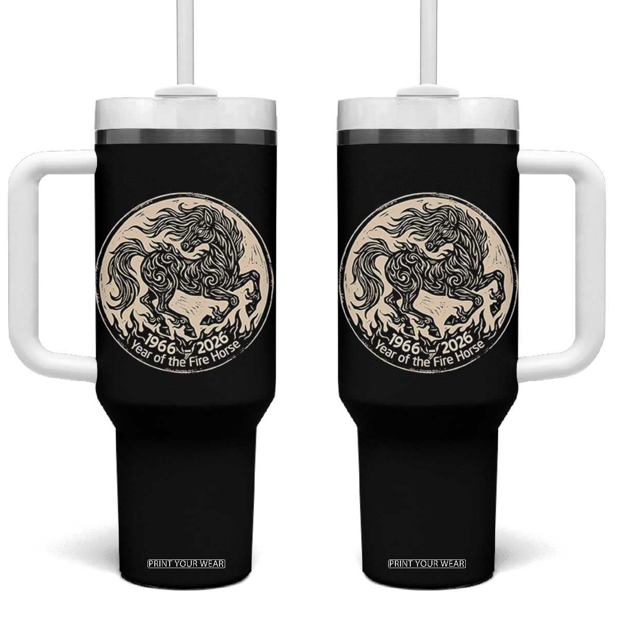 Year of the Fire Horse 1966 2026 Graphic Tumbler With Handle 60 Years Chinese Zodiac Horse Vintage Style TS02 One Size: 40 oz Black Print Your Wear