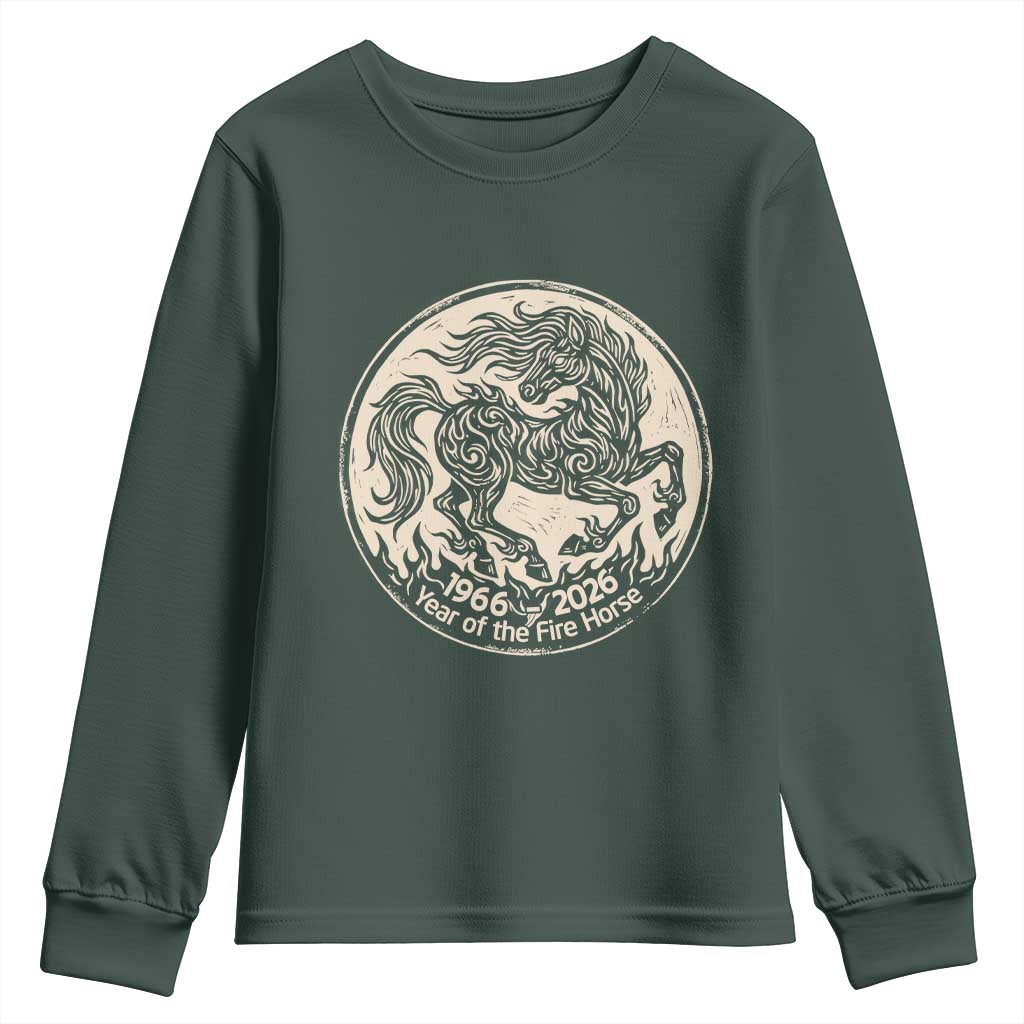 Year of the Fire Horse 1966 2026 Graphic Youth Sweatshirt 60 Years Chinese Zodiac Horse Vintage Style TS02 Dark Forest Green Print Your Wear