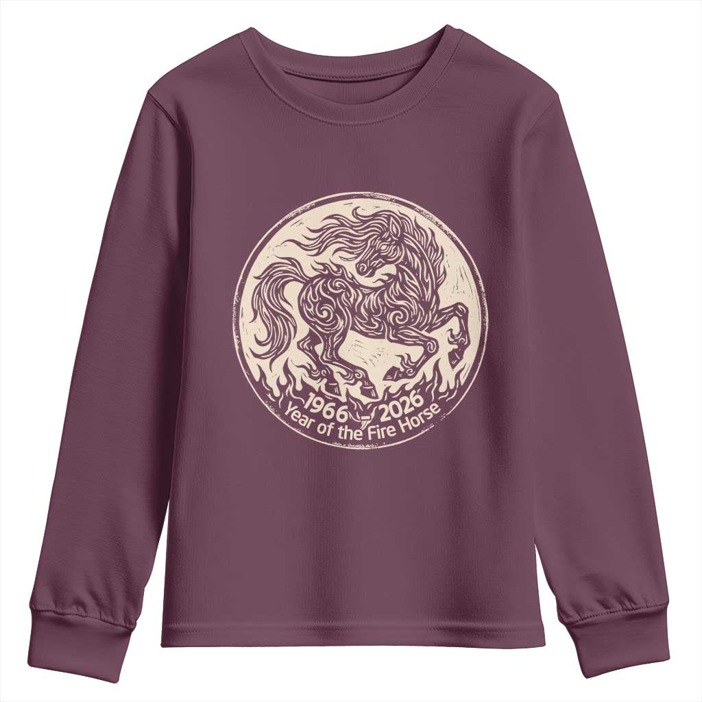 Year of the Fire Horse 1966 2026 Graphic Youth Sweatshirt 60 Years Chinese Zodiac Horse Vintage Style TS02 Maroon Print Your Wear