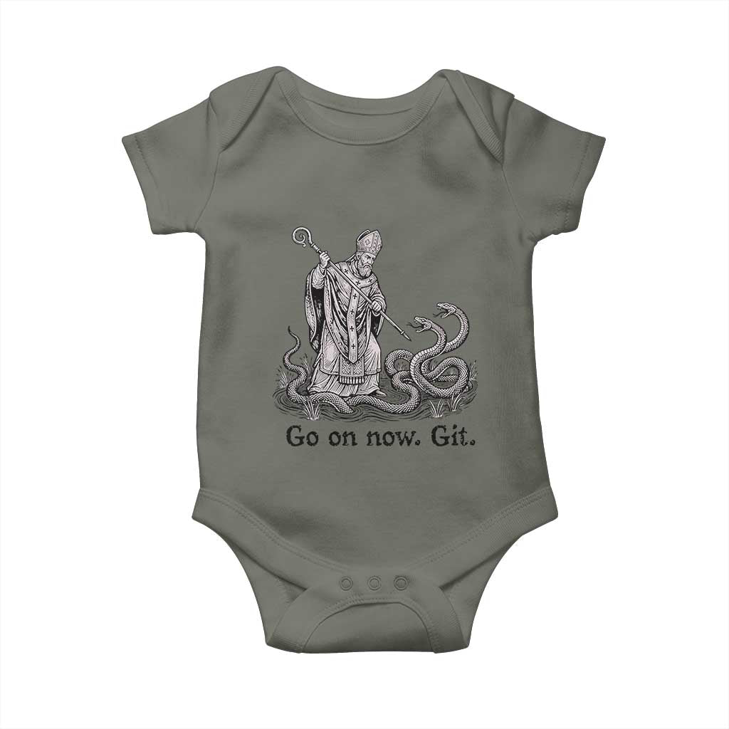 Go On Now Git Funny Saint Patrick Banishing Snakes Baby Onesie Irish History Humor St Patricks Day TS02 Military Green Print Your Wear