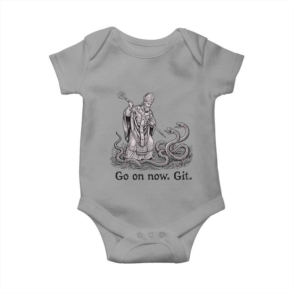 Go On Now Git Funny Saint Patrick Banishing Snakes Baby Onesie Irish History Humor St Patricks Day TS02 Sport Gray Print Your Wear