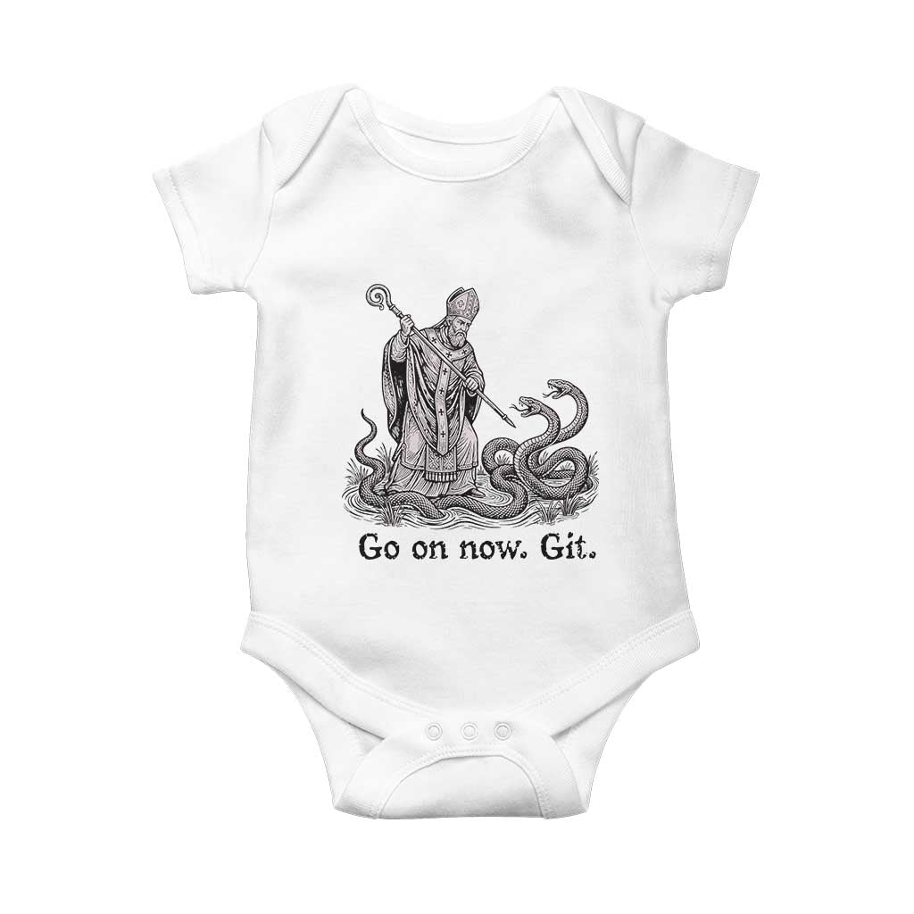 Go On Now Git Funny Saint Patrick Banishing Snakes Baby Onesie Irish History Humor St Patricks Day TS02 White Print Your Wear
