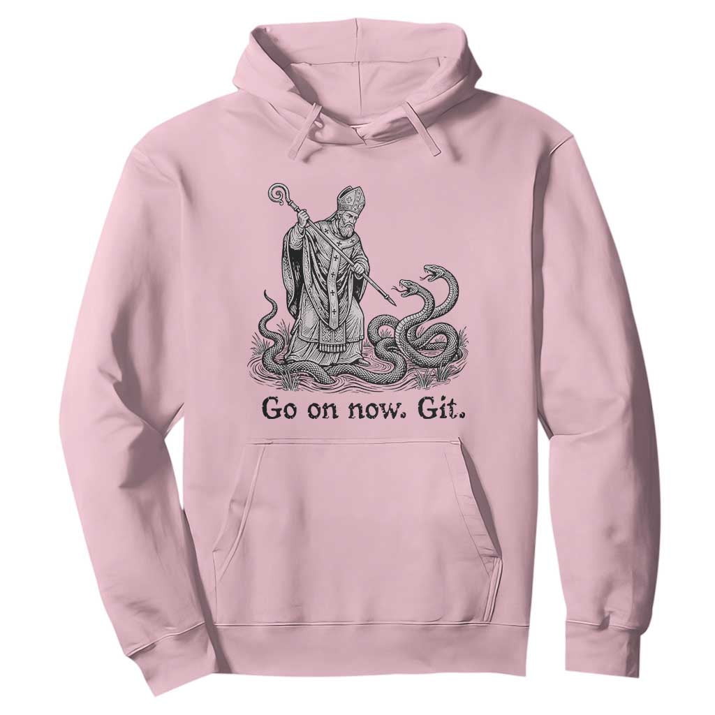 Go On Now Git Funny Saint Patrick Banishing Snakes Hoodie Irish History Humor St Patricks Day TS02 Light Pink Print Your Wear