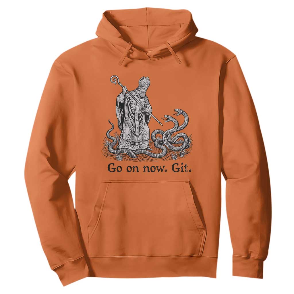 Go On Now Git Funny Saint Patrick Banishing Snakes Hoodie Irish History Humor St Patricks Day TS02 Orange Print Your Wear
