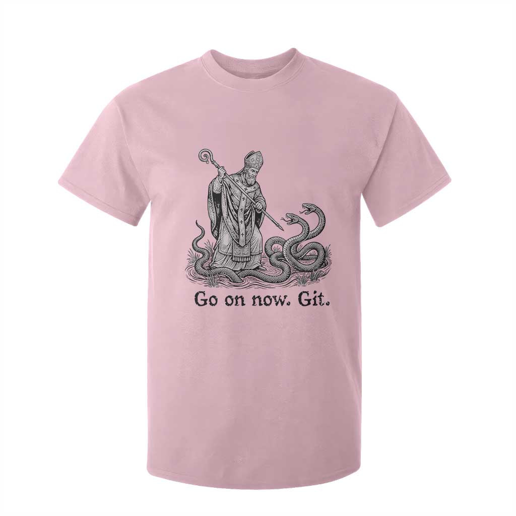 Go On Now Git Funny Saint Patrick Banishing Snakes T Shirt For Kid Irish History Humor St Patricks Day TS02 Light Pink Print Your Wear