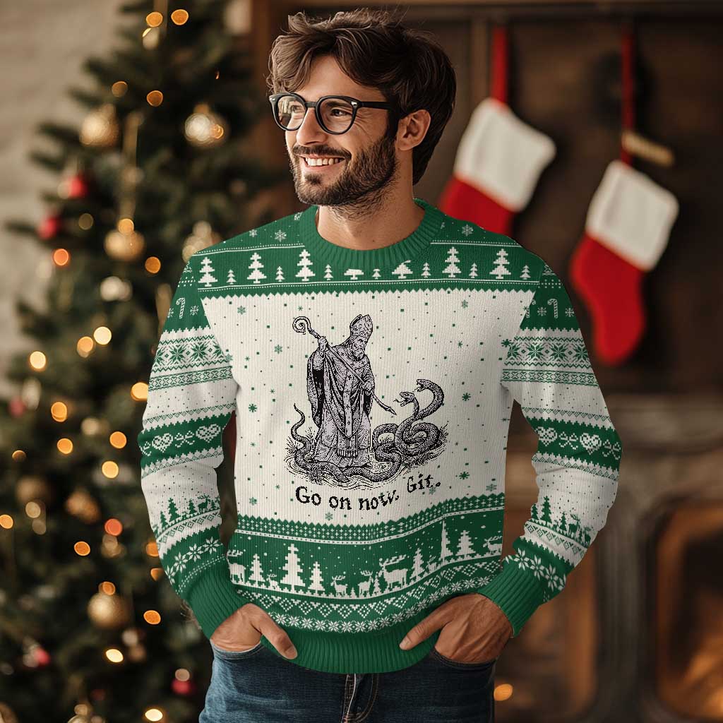 Go On Now Git Funny Saint Patrick Banishing Snakes Ugly Christmas Sweater Irish History Humor St Patricks Day TS02 Beige Green Print Your Wear