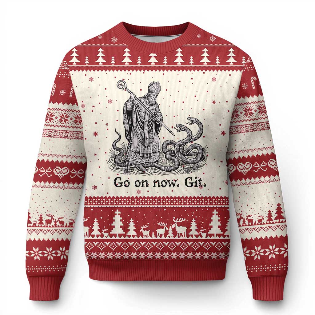 Go On Now Git Funny Saint Patrick Banishing Snakes Ugly Christmas Sweater Irish History Humor St Patricks Day TS02 Beige Red Print Your Wear