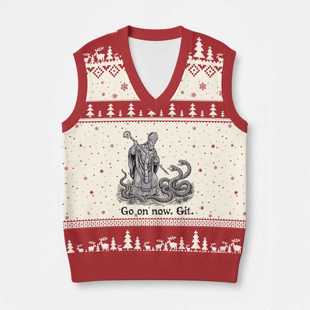 Go On Now Git Funny Saint Patrick Banishing Snakes V-Neck Knit Sweater Vest Irish History Humor St Patricks Day TS02 Beige Red Print Your Wear