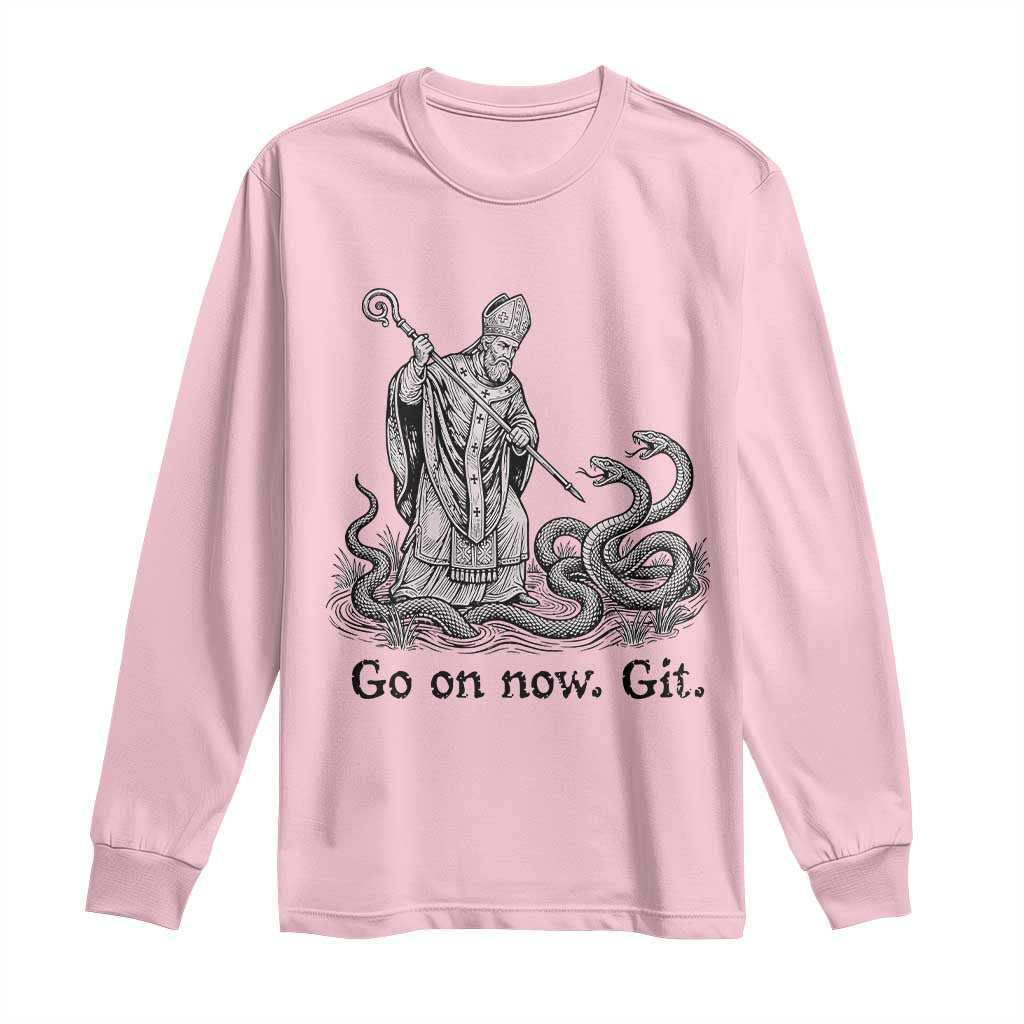 Go On Now Git Funny Saint Patrick Banishing Snakes Long Sleeve Shirt Irish History Humor St Patricks Day TS02 Light Pink Print Your Wear