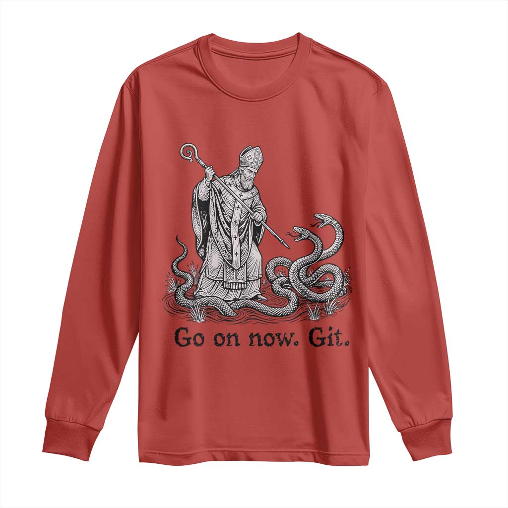 Go On Now Git Funny Saint Patrick Banishing Snakes Long Sleeve Shirt Irish History Humor St Patricks Day TS02 Red Print Your Wear