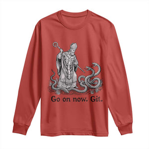 Go On Now Git Funny Saint Patrick Banishing Snakes Long Sleeve Shirt Irish History Humor St Patricks Day TS02 Red Print Your Wear