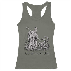Go On Now Git Funny Saint Patrick Banishing Snakes Racerback Tank Top Irish History Humor St Patricks Day TS02 Military Green Print Your Wear