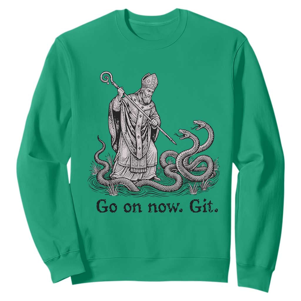 Go On Now Git Funny Saint Patrick Banishing Snakes Sweatshirt Irish History Humor St Patricks Day TS02 Irish Green Print Your Wear