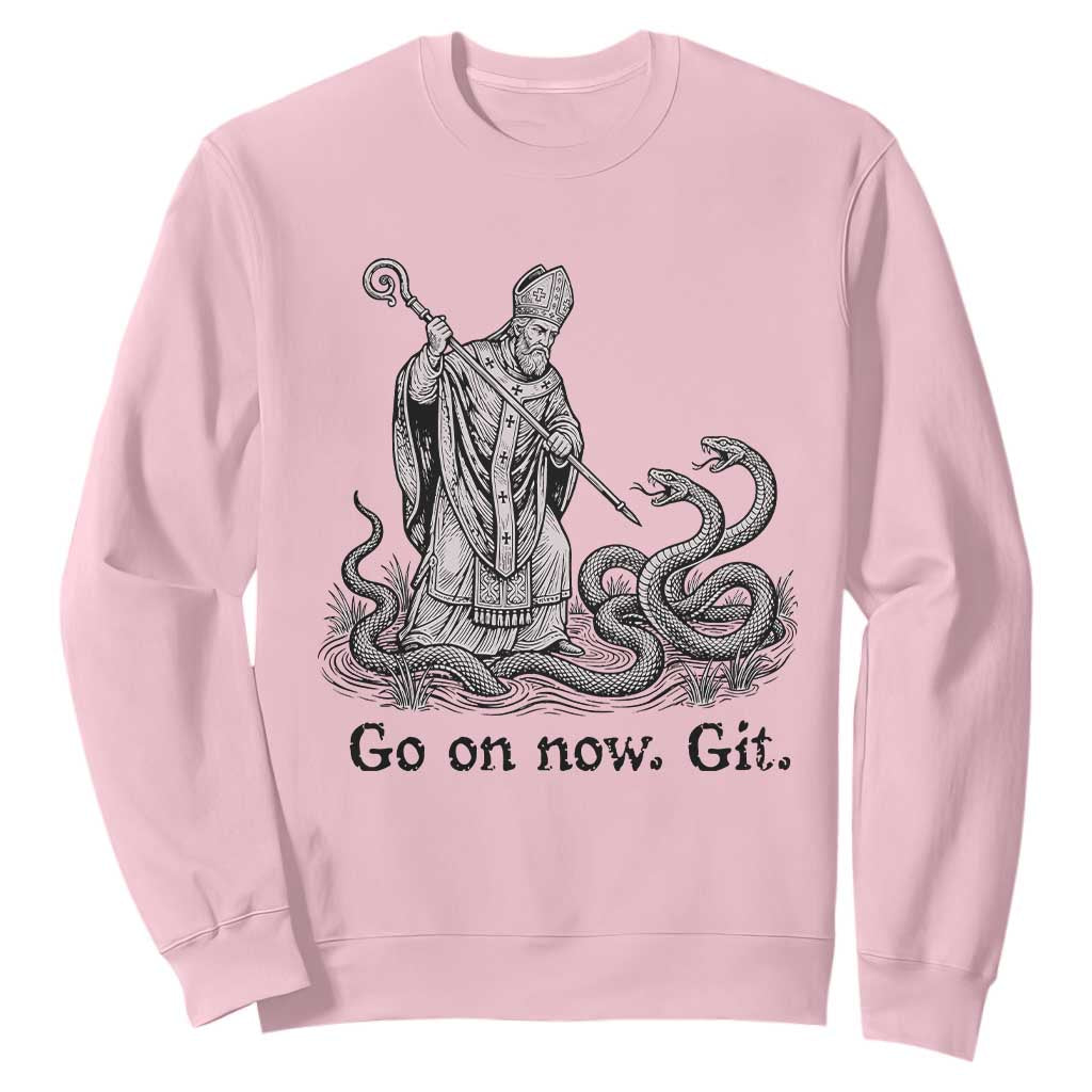 Go On Now Git Funny Saint Patrick Banishing Snakes Sweatshirt Irish History Humor St Patricks Day TS02 Light Pink Print Your Wear