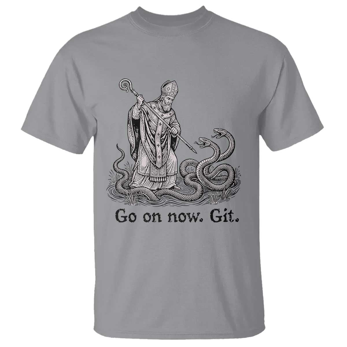Go On Now Git Funny Saint Patrick Banishing Snakes T Shirt - Irish History Humor St Patricks Day TS02 Sport Gray Print Your Wear