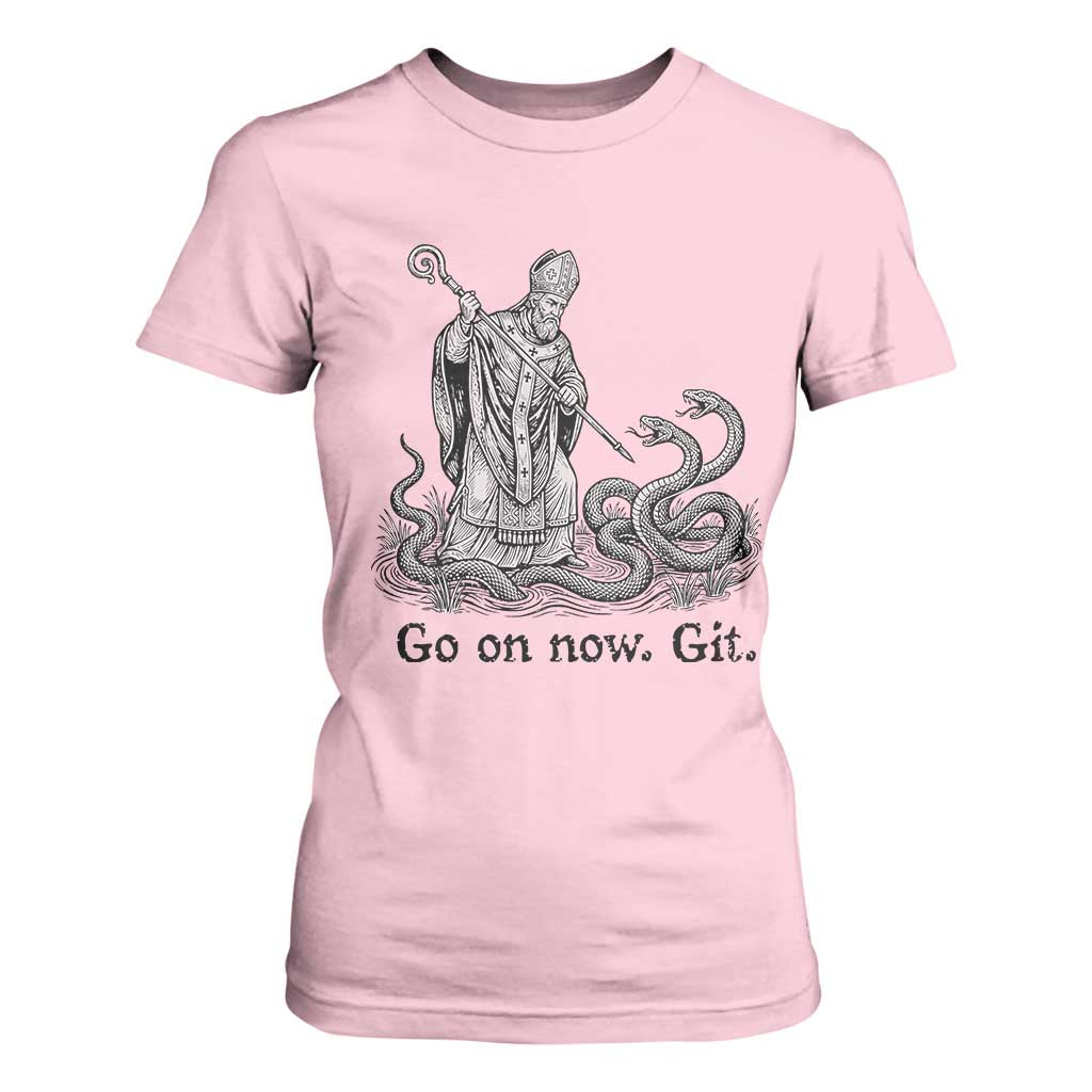Go On Now Git Funny Saint Patrick Banishing Snakes T Shirt For Women Irish History Humor St Patricks Day TS02 Light Pink Print Your Wear
