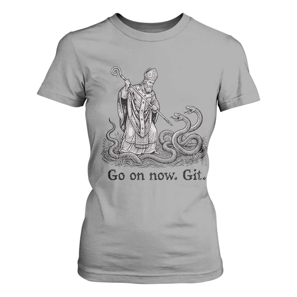 Go On Now Git Funny Saint Patrick Banishing Snakes T Shirt For Women Irish History Humor St Patricks Day TS02 Sport Gray Print Your Wear