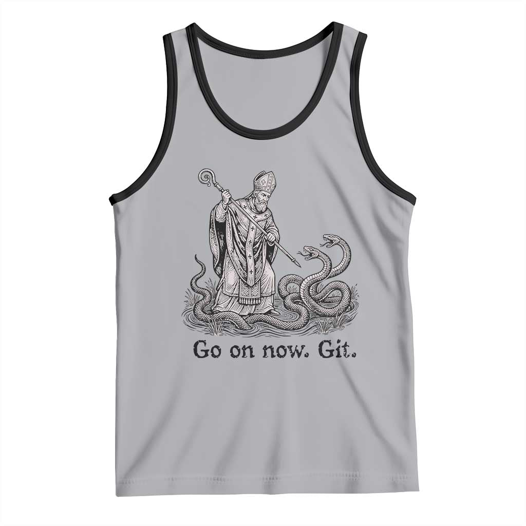 Go On Now Git Funny Saint Patrick Banishing Snakes Tank Top Irish History Humor St Patricks Day TS02 Athletic Heather Black Print Your Wear
