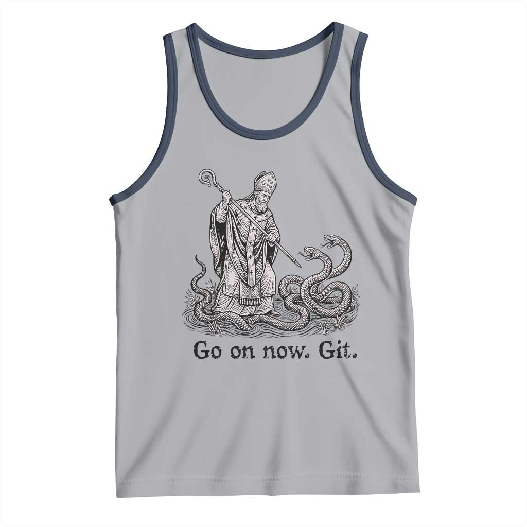 Go On Now Git Funny Saint Patrick Banishing Snakes Tank Top Irish History Humor St Patricks Day TS02 Athletic Heather Navy Print Your Wear
