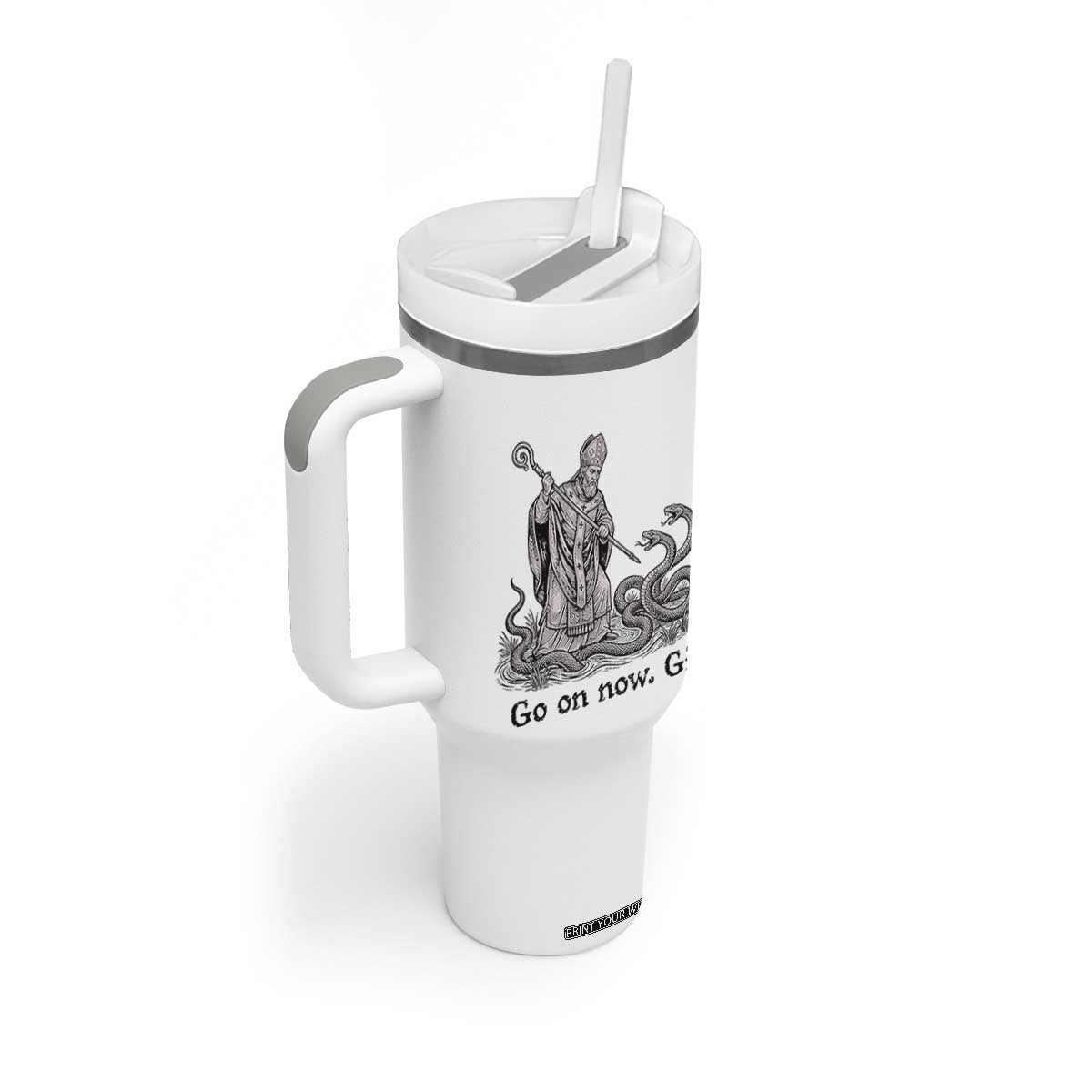 Go On Now Git Funny Saint Patrick Banishing Snakes Tumbler With Handle Irish History Humor St Patricks Day TS02 Print Your Wear