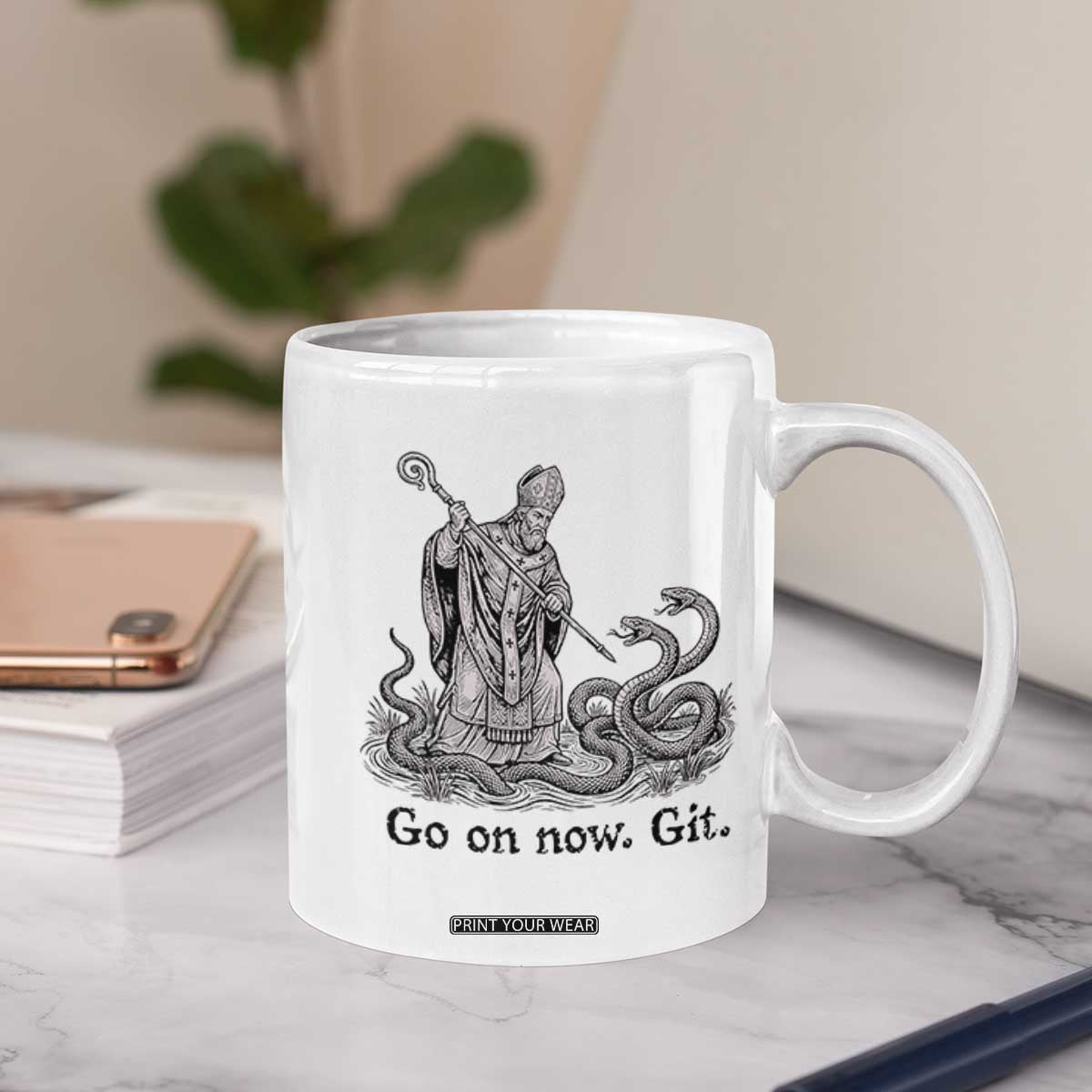 Go On Now Git Funny Saint Patrick Banishing Snakes Coffee Mug Irish History Humor St Patricks Day TS02 Print Your Wear