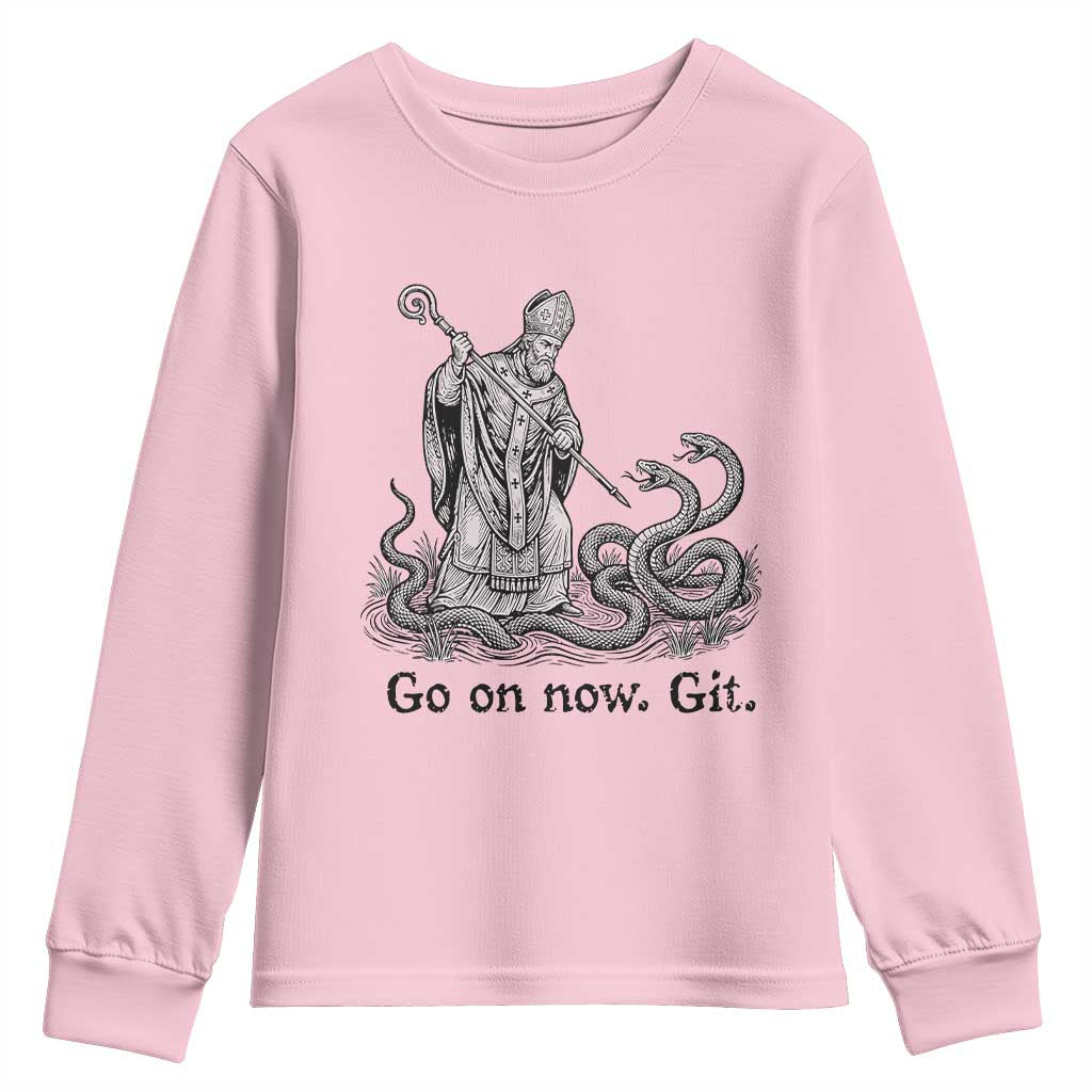 Go On Now Git Funny Saint Patrick Banishing Snakes Youth Sweatshirt Irish History Humor St Patricks Day TS02 Light Pink Print Your Wear