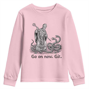 Go On Now Git Funny Saint Patrick Banishing Snakes Youth Sweatshirt Irish History Humor St Patricks Day TS02 Light Pink Print Your Wear