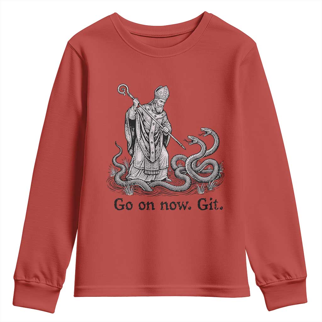 Go On Now Git Funny Saint Patrick Banishing Snakes Youth Sweatshirt Irish History Humor St Patricks Day TS02 Red Print Your Wear