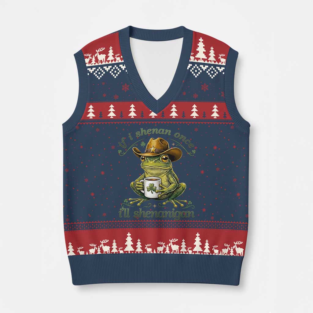 If I Shenan Once I Will Shenanigan Funny Frog Cowboy V-Neck Knit Sweater Vest St Patricks Day Shenanigans Humor TS02 Navy Red Print Your Wear