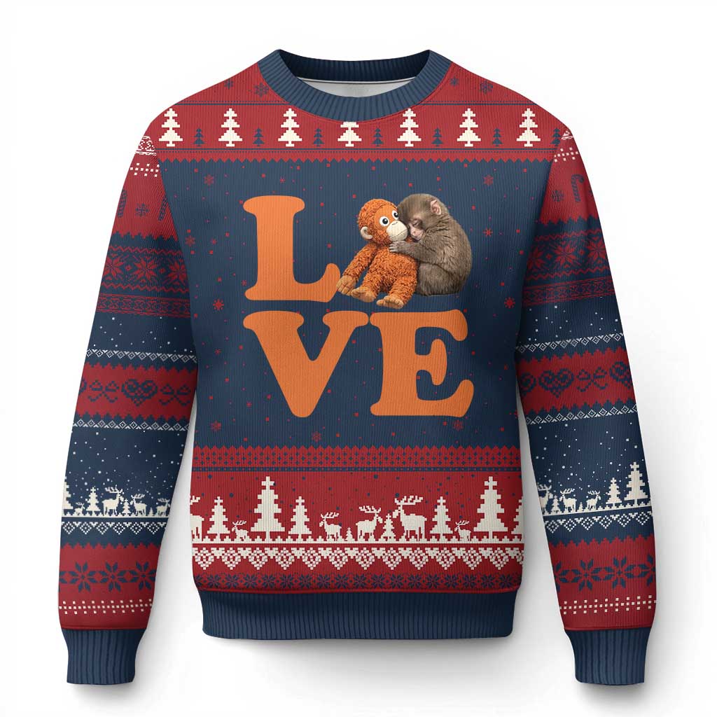 Love Punch the Baby Monkey Ugly Christmas Sweater Cute Hugging Plush Toy Viral Friendship TS02 Navy Red Print Your Wear