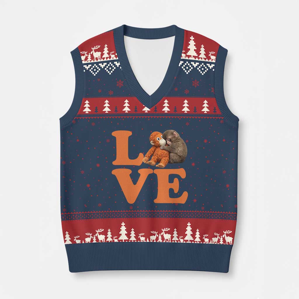 Love Punch the Baby Monkey V-Neck Knit Sweater Vest Cute Hugging Plush Toy Viral Friendship TS02 Navy Red Print Your Wear