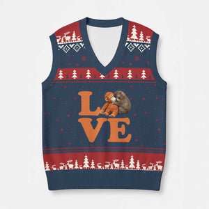 Love Punch the Baby Monkey V-Neck Knit Sweater Vest Cute Hugging Plush Toy Viral Friendship TS02 Navy Red Print Your Wear