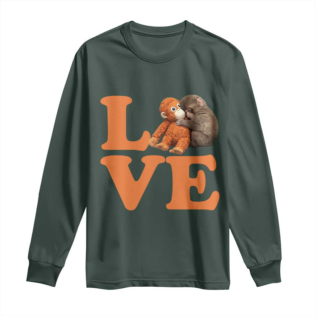 Love Punch the Baby Monkey Long Sleeve Shirt Cute Hugging Plush Toy Viral Friendship TS02 Dark Forest Green Print Your Wear