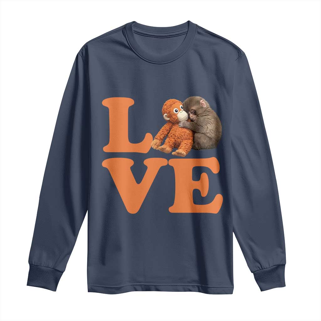 Love Punch the Baby Monkey Long Sleeve Shirt Cute Hugging Plush Toy Viral Friendship TS02 Navy Print Your Wear