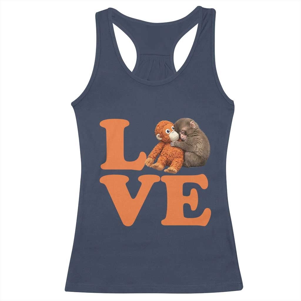 Love Punch the Baby Monkey Racerback Tank Top Cute Hugging Plush Toy Viral Friendship TS02 Navy Print Your Wear