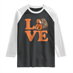 Love Punch the Baby Monkey Raglan Shirt Cute Hugging Plush Toy Viral Friendship TS02 Black White Print Your Wear