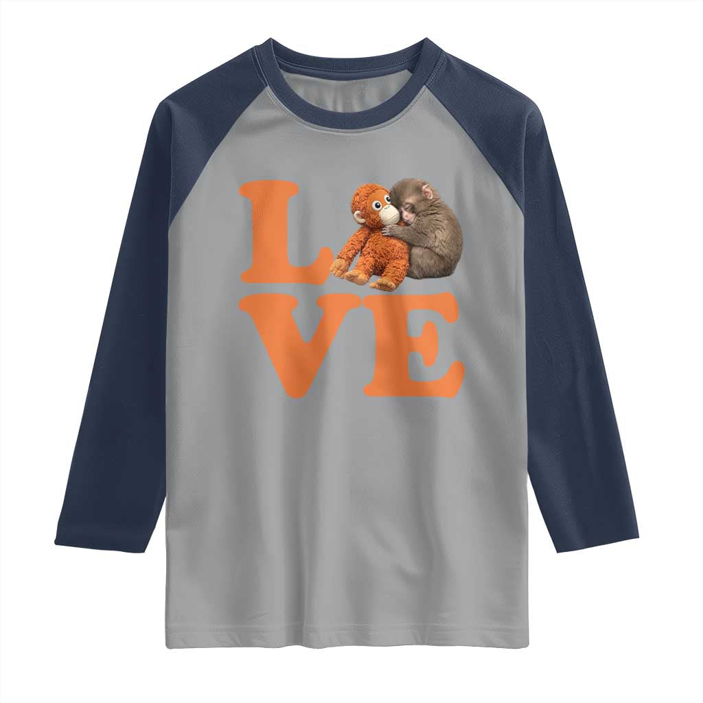 Love Punch the Baby Monkey Raglan Shirt Cute Hugging Plush Toy Viral Friendship TS02 Sport Gray Navy Print Your Wear