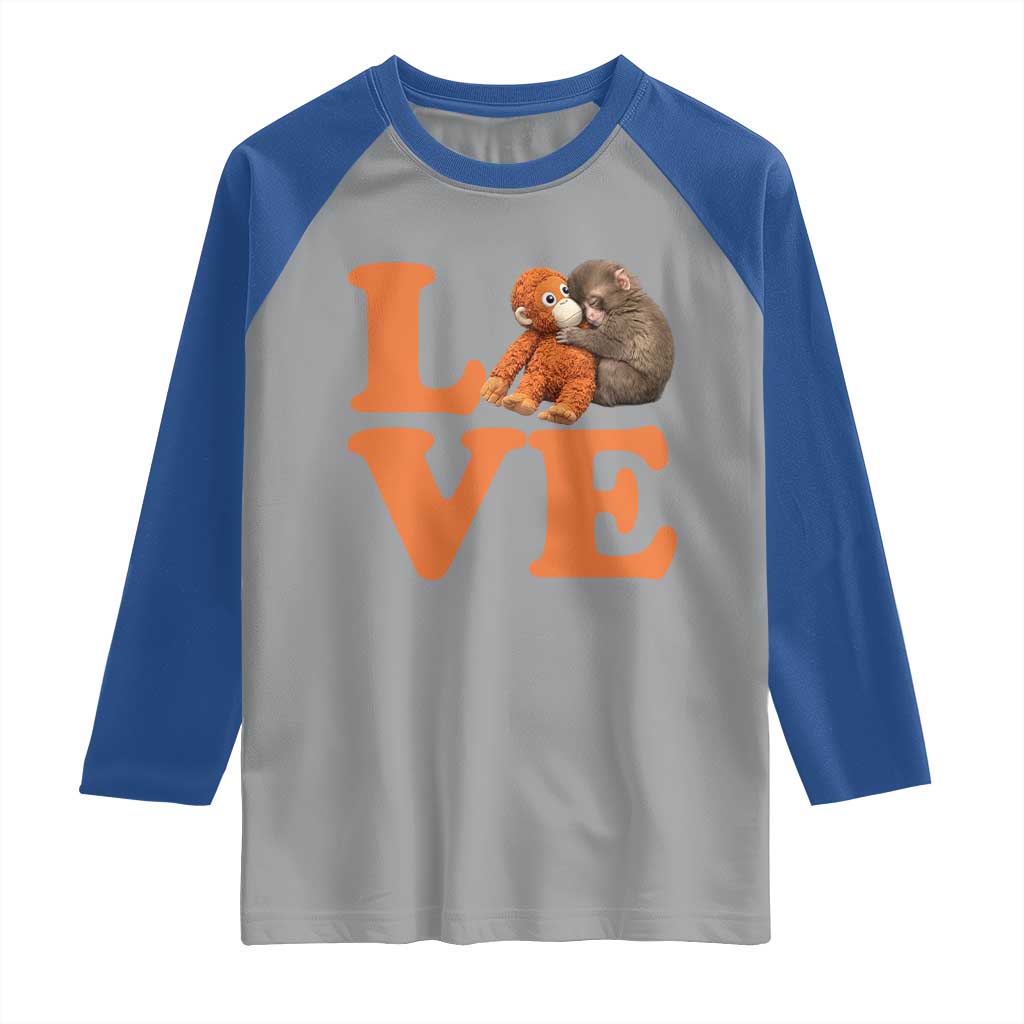 Love Punch the Baby Monkey Raglan Shirt Cute Hugging Plush Toy Viral Friendship TS02 Sport Gray Royal Print Your Wear