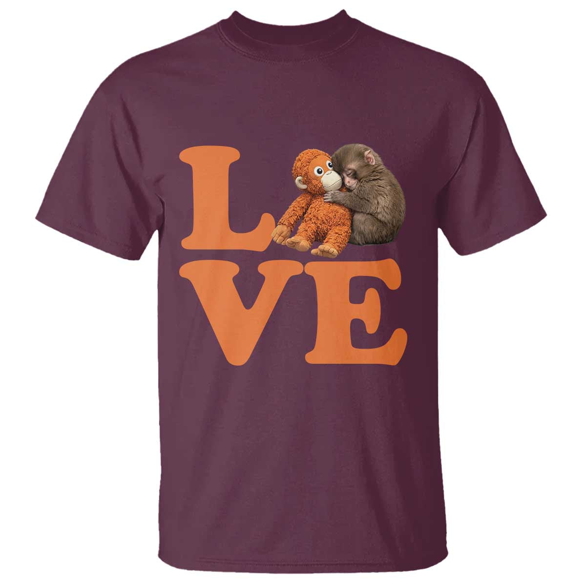 Love Punch the Baby Monkey T Shirt Cute Hugging Plush Toy Viral Friendship TS02 Maroon Print Your Wear