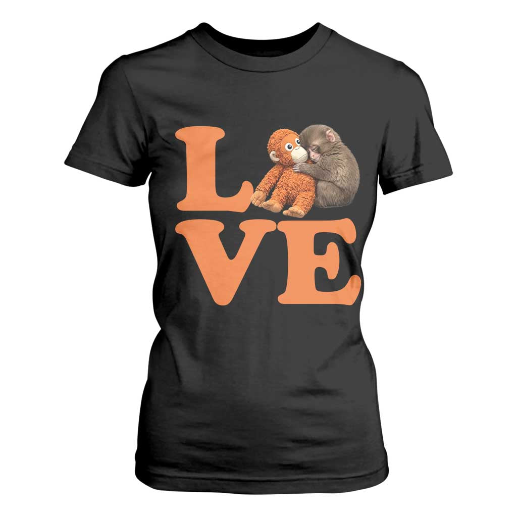 Love Punch the Baby Monkey T Shirt For Women Cute Hugging Plush Toy Viral Friendship TS02 Black Print Your Wear