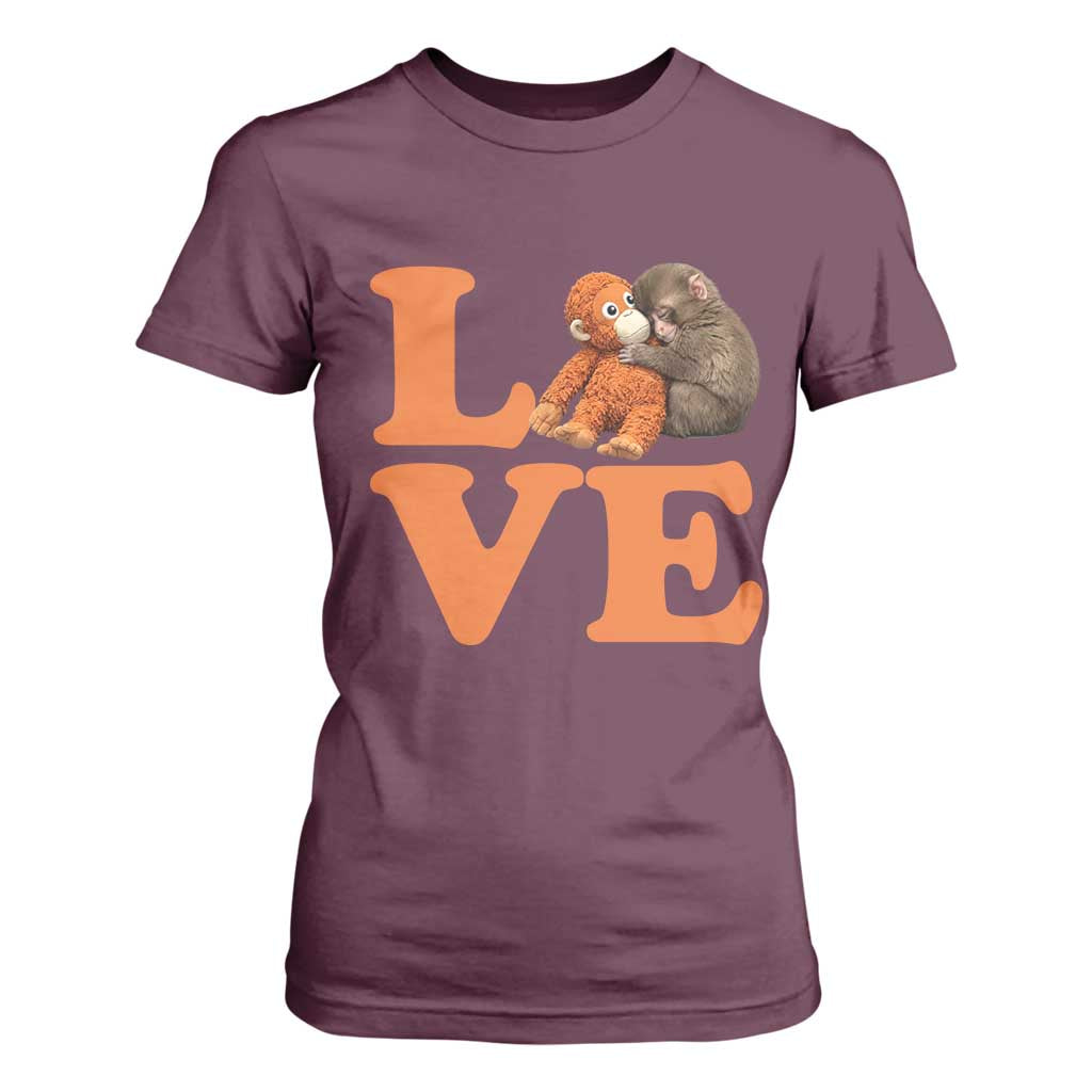 Love Punch the Baby Monkey T Shirt For Women Cute Hugging Plush Toy Viral Friendship TS02 Maroon Print Your Wear
