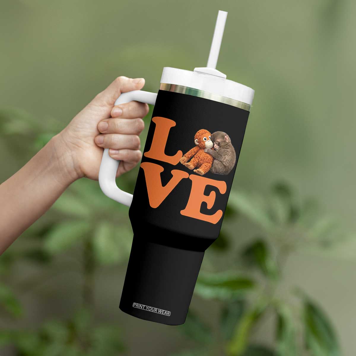 Love Punch the Baby Monkey Tumbler With Handle Cute Hugging Plush Toy Viral Friendship TS02 Print Your Wear