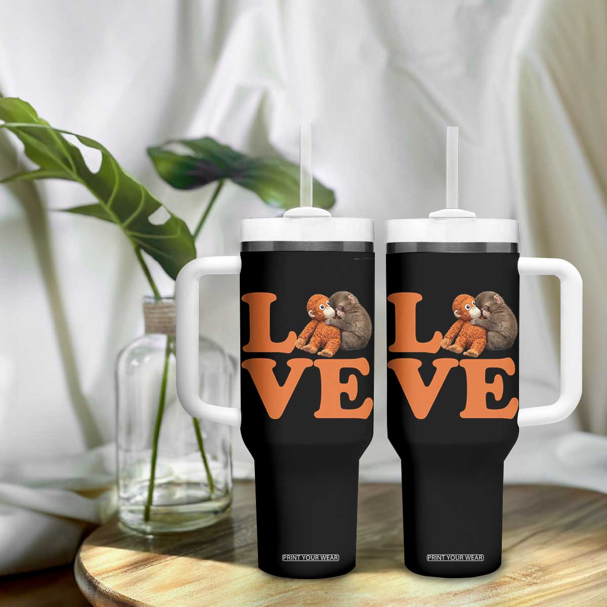 Love Punch the Baby Monkey Tumbler With Handle Cute Hugging Plush Toy Viral Friendship TS02 Print Your Wear