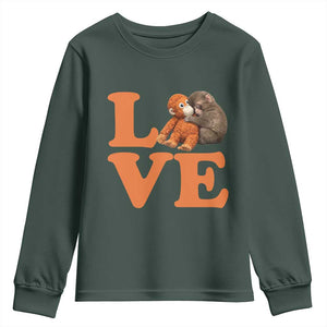 Love Punch the Baby Monkey Youth Sweatshirt Cute Hugging Plush Toy Viral Friendship TS02 Dark Forest Green Print Your Wear