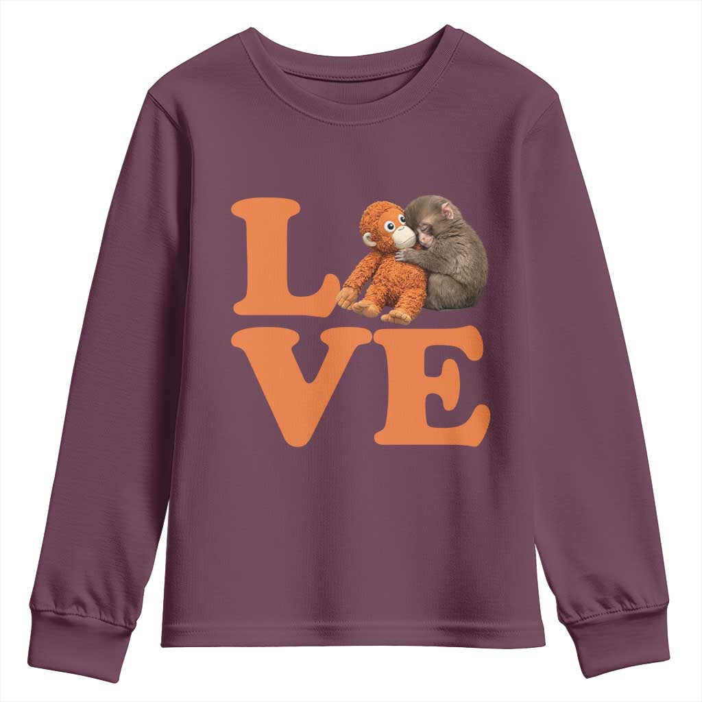 Love Punch the Baby Monkey Youth Sweatshirt Cute Hugging Plush Toy Viral Friendship TS02 Maroon Print Your Wear