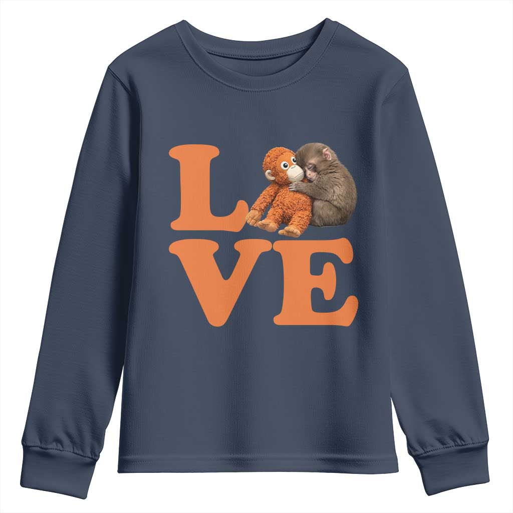 Love Punch the Baby Monkey Youth Sweatshirt Cute Hugging Plush Toy Viral Friendship TS02 Navy Print Your Wear