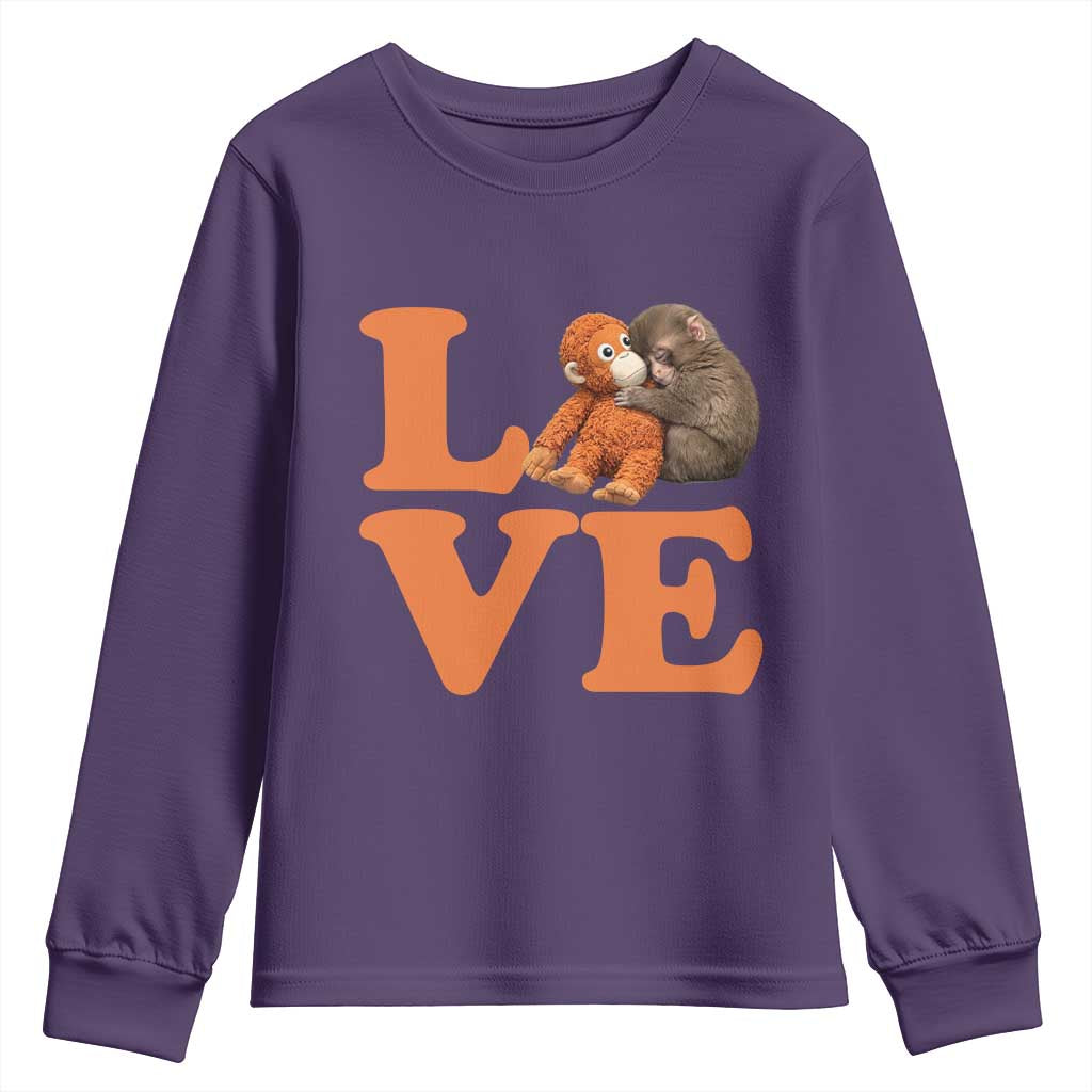 Love Punch the Baby Monkey Youth Sweatshirt Cute Hugging Plush Toy Viral Friendship TS02 Purple Print Your Wear