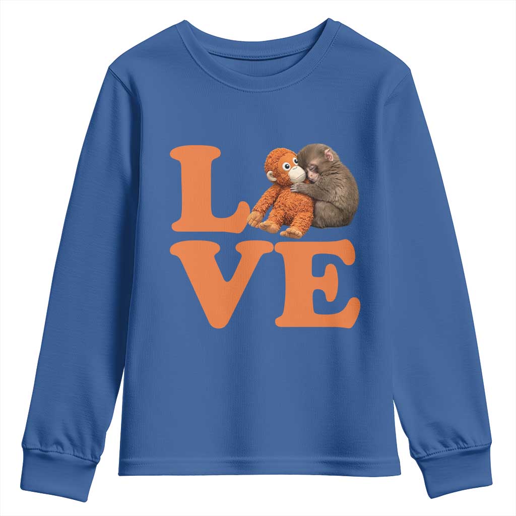 Love Punch the Baby Monkey Youth Sweatshirt Cute Hugging Plush Toy Viral Friendship TS02 Royal Blue Print Your Wear