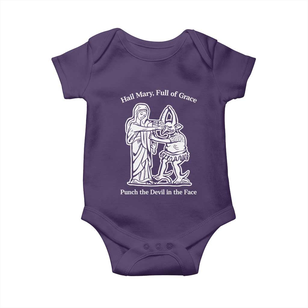 Funny Catholic Faith Humor Baby Onesie Hail Mary Full of Grace Punch the Devil in the Face TS02 Purple Print Your Wear
