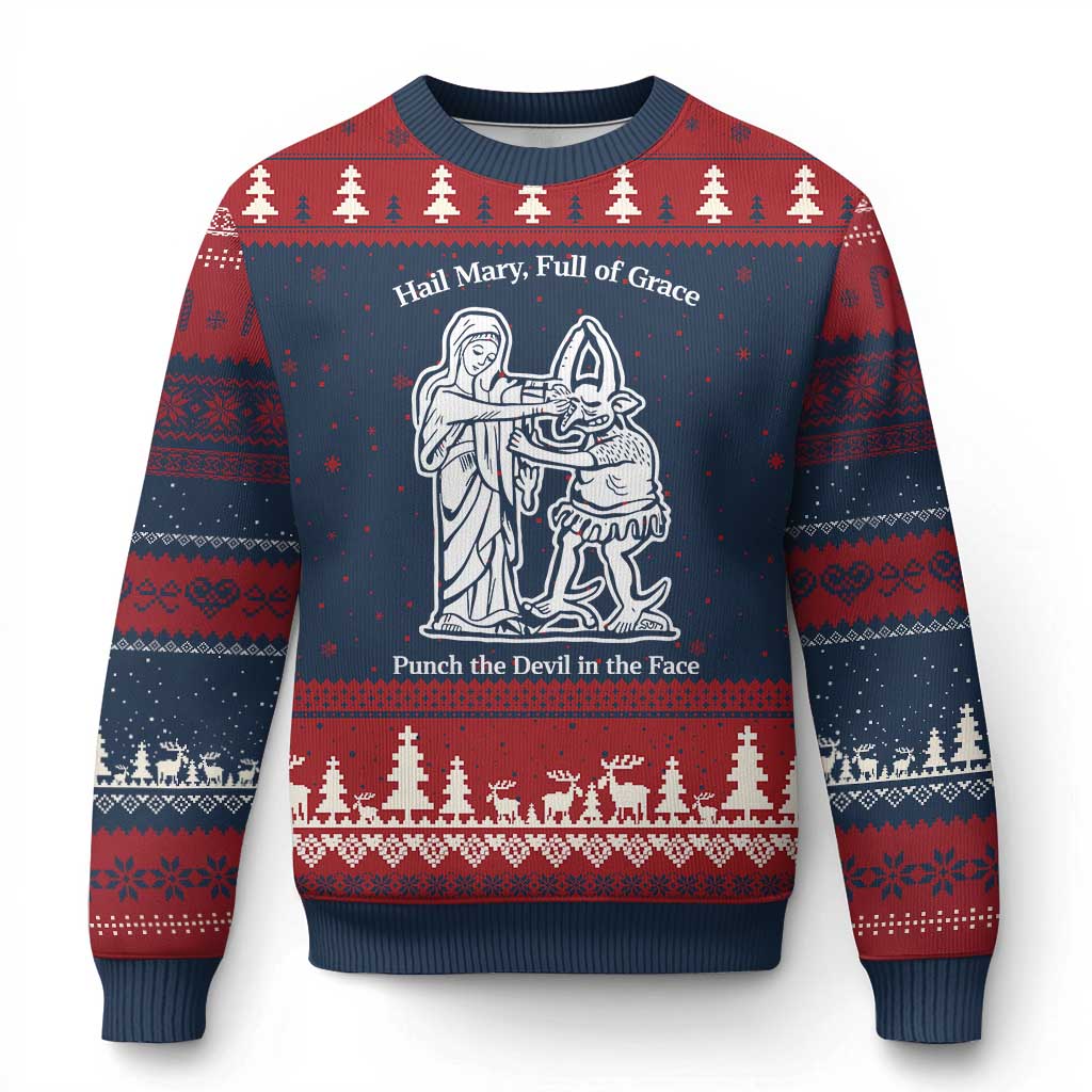 Funny Catholic Faith Humor Ugly Christmas Sweater Hail Mary Full of Grace Punch the Devil in the Face TS02 Navy Red Print Your Wear